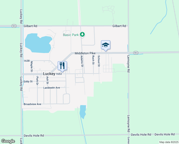 map of restaurants, bars, coffee shops, grocery stores, and more near 412 Main Street in Luckey