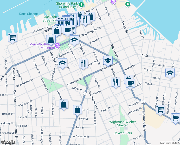 map of restaurants, bars, coffee shops, grocery stores, and more near 631 Wayne Street in Sandusky