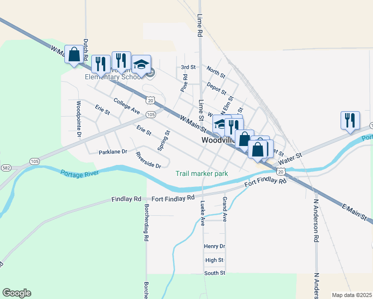 map of restaurants, bars, coffee shops, grocery stores, and more near 418 Erie St in Woodville