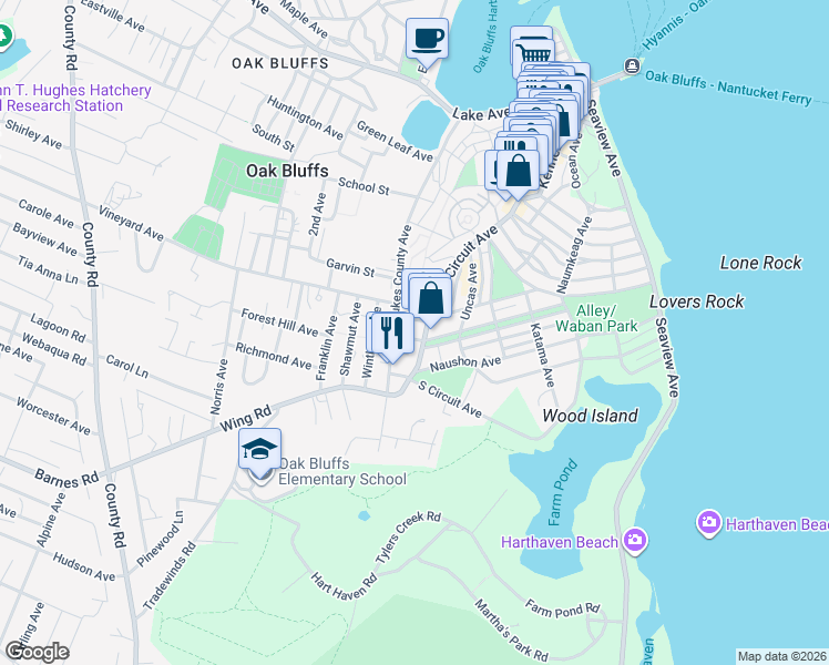 map of restaurants, bars, coffee shops, grocery stores, and more near 5 Warwick Avenue in Oak Bluffs