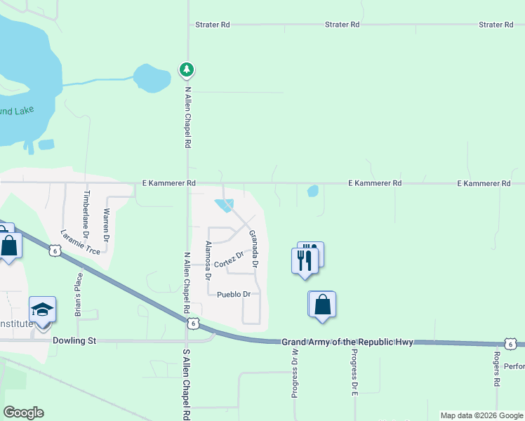 map of restaurants, bars, coffee shops, grocery stores, and more near 2124 Canyon Dr in Kendallville