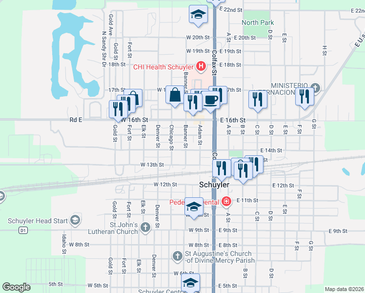 map of restaurants, bars, coffee shops, grocery stores, and more near 1400-1450 Banner Street in Schuyler