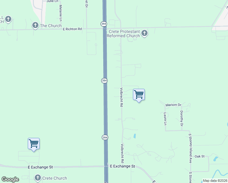 map of restaurants, bars, coffee shops, grocery stores, and more near Calumet Expressway in Crete