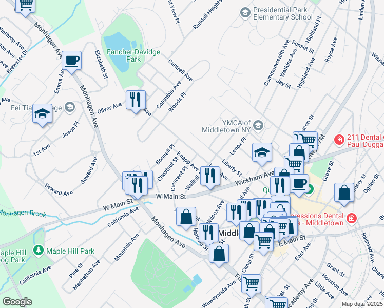 map of restaurants, bars, coffee shops, grocery stores, and more near 47 Lake Avenue in Middletown