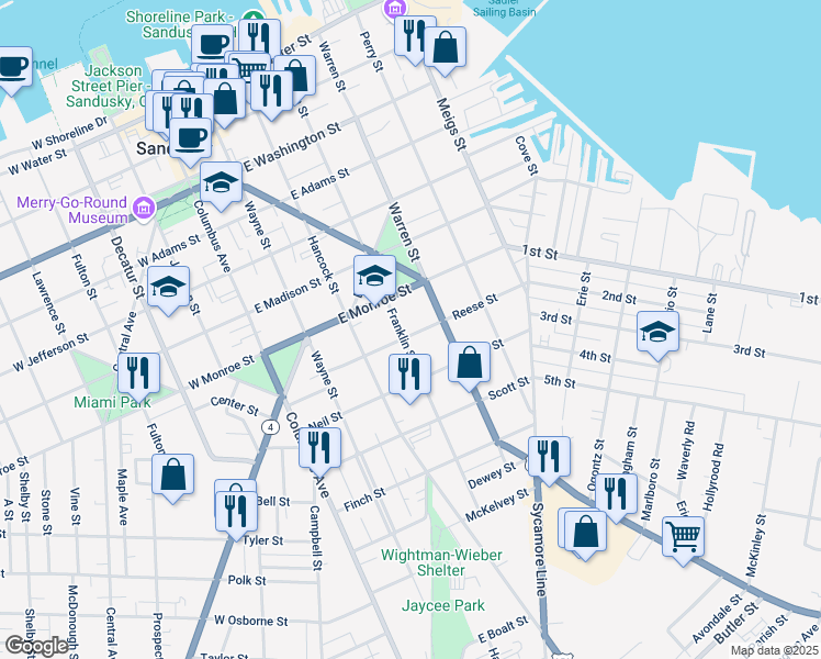 map of restaurants, bars, coffee shops, grocery stores, and more near 407 Reese Street in Sandusky