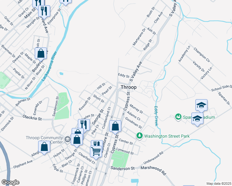 map of restaurants, bars, coffee shops, grocery stores, and more near 838 George Street in Throop