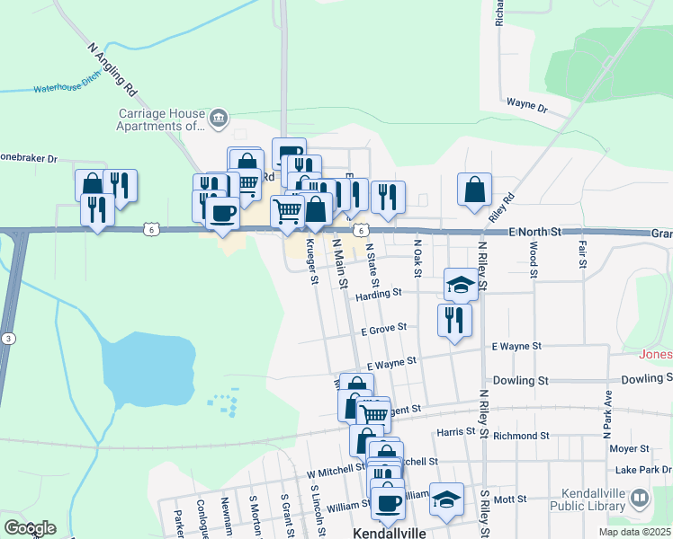 map of restaurants, bars, coffee shops, grocery stores, and more near 633 North Main Street in Kendallville
