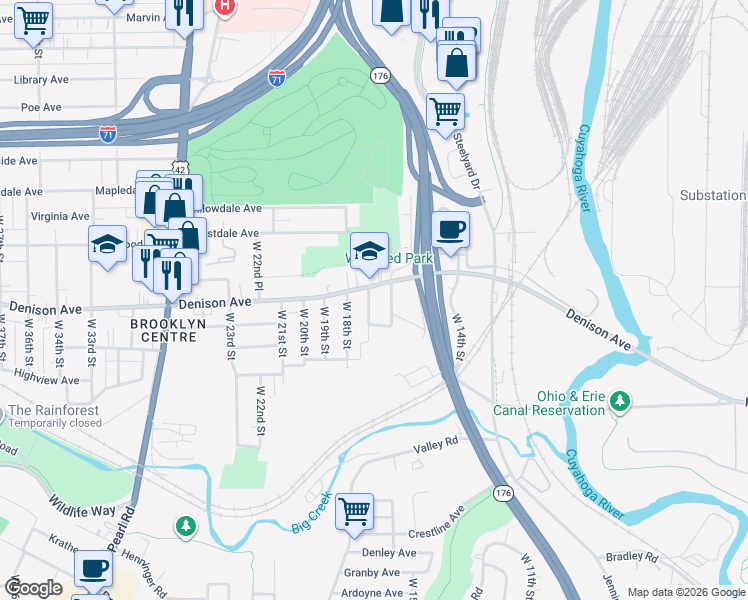 map of restaurants, bars, coffee shops, grocery stores, and more near 3853 West 17th Street in Cleveland