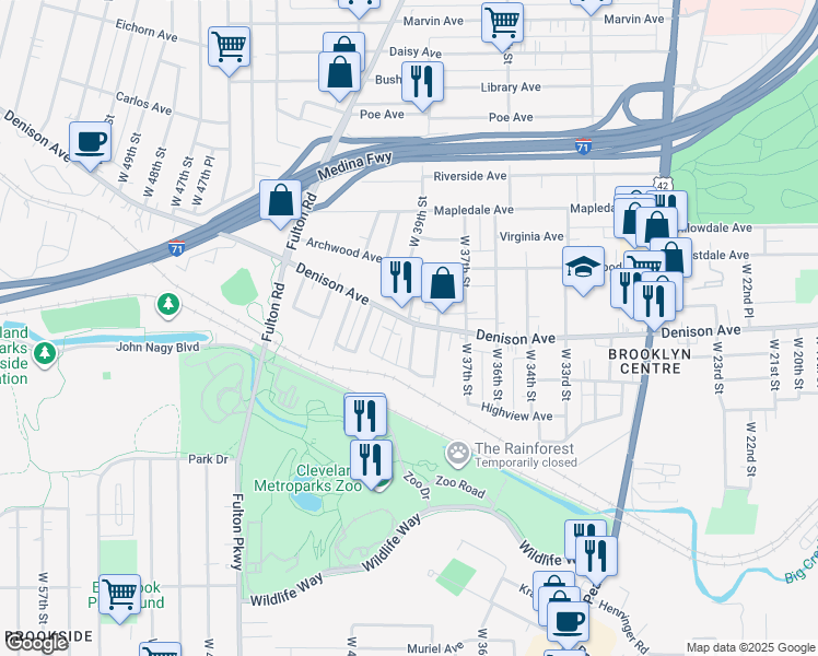 map of restaurants, bars, coffee shops, grocery stores, and more near 3901 Denison Avenue in Cleveland