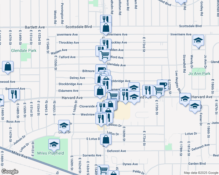 map of restaurants, bars, coffee shops, grocery stores, and more near 16515 Eldamere Avenue in Cleveland