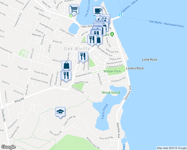map of restaurants, bars, coffee shops, grocery stores, and more near 26 Nashawena Terrace in Oak Bluffs