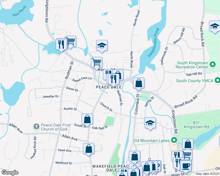 map of restaurants, bars, coffee shops, grocery stores, and more near 1205 Kingstown Road in South Kingstown