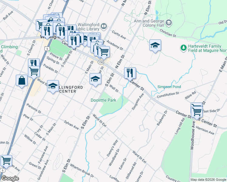 map of restaurants, bars, coffee shops, grocery stores, and more near 11 Wall Street in Wallingford