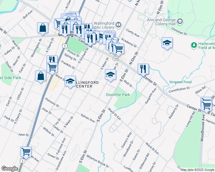 map of restaurants, bars, coffee shops, grocery stores, and more near 111 Fair Street in Wallingford