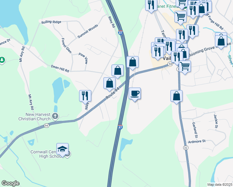 map of restaurants, bars, coffee shops, grocery stores, and more near 1095 New York 94 in New Windsor
