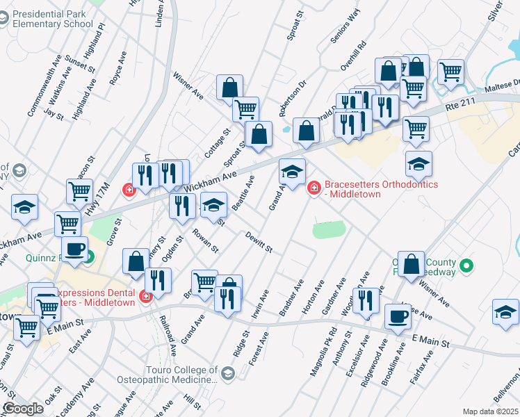map of restaurants, bars, coffee shops, grocery stores, and more near 105 Grand Avenue in Middletown