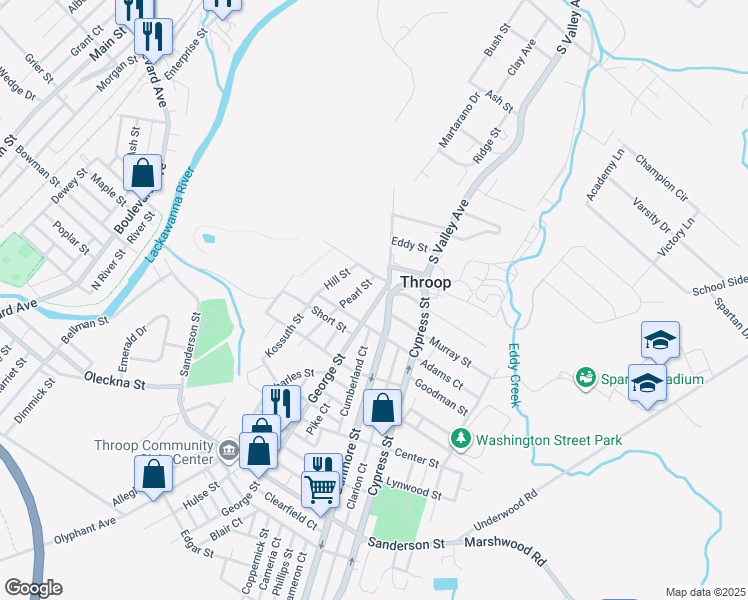 map of restaurants, bars, coffee shops, grocery stores, and more near 838 George Street in Throop