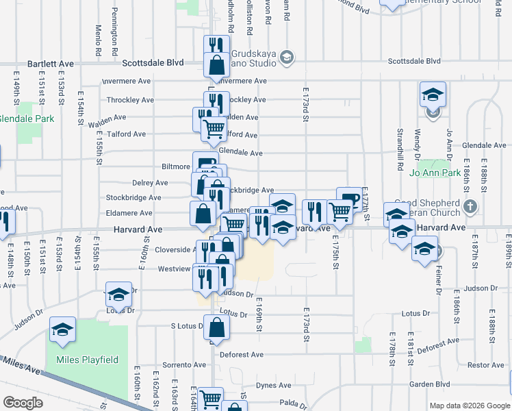 map of restaurants, bars, coffee shops, grocery stores, and more near 16807 Eldamere Avenue in Cleveland