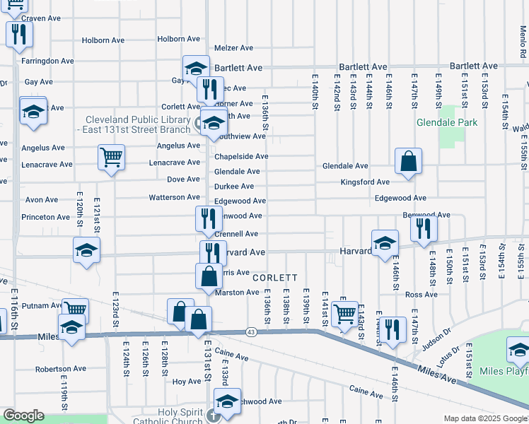 map of restaurants, bars, coffee shops, grocery stores, and more near 13507 Benwood Avenue in Cleveland