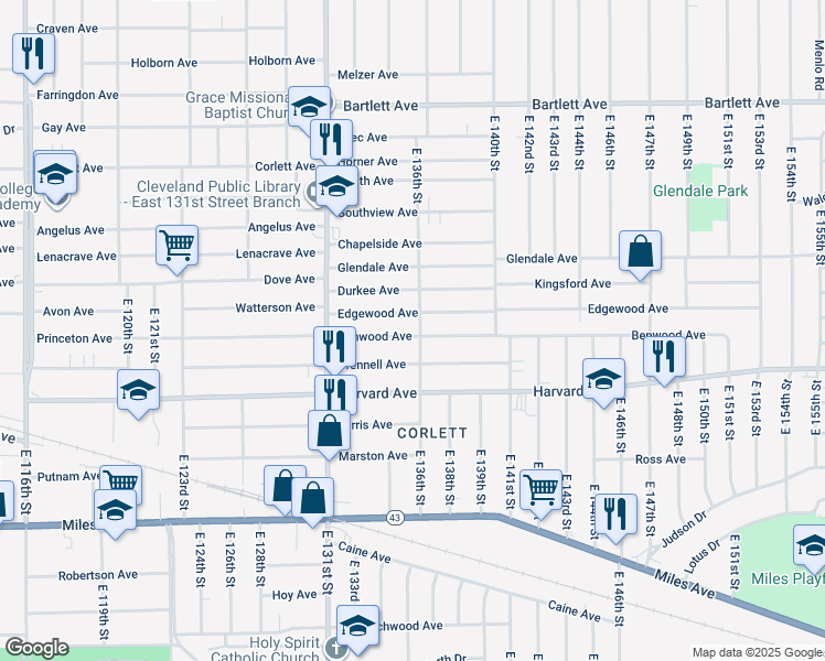 map of restaurants, bars, coffee shops, grocery stores, and more near 13507 Benwood Avenue in Cleveland