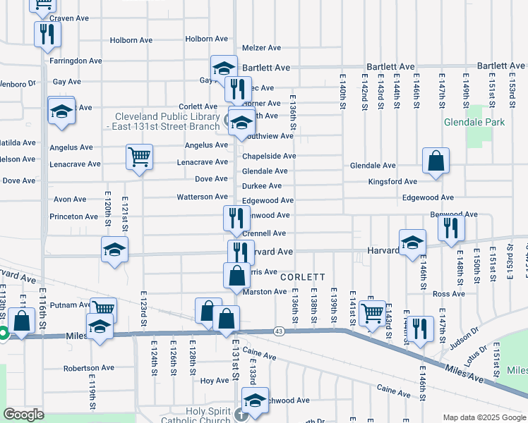 map of restaurants, bars, coffee shops, grocery stores, and more near 13305 Benwood Avenue in Cleveland