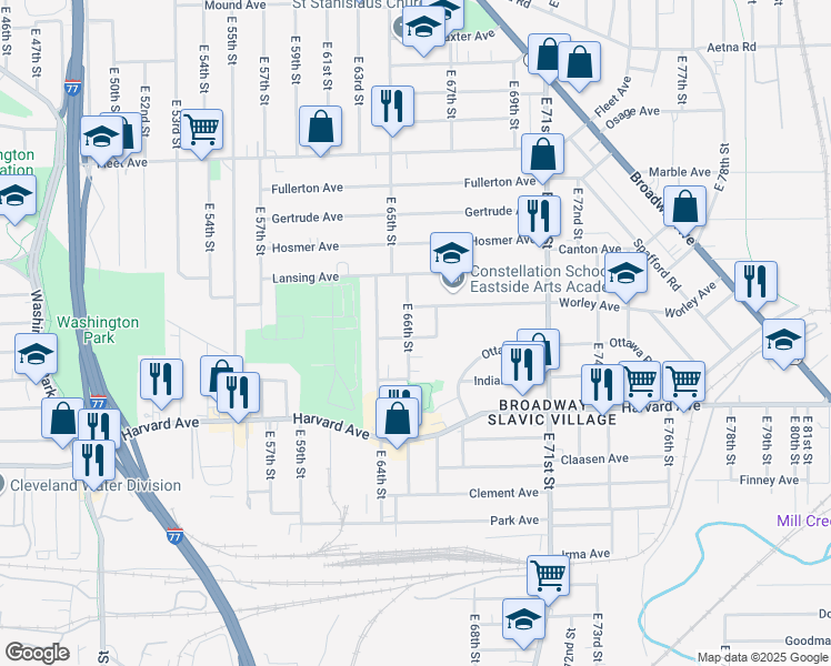 map of restaurants, bars, coffee shops, grocery stores, and more near 3942 East 67th Street in Cleveland
