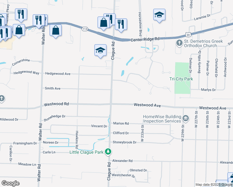map of restaurants, bars, coffee shops, grocery stores, and more near 2531 Clague Road in Westlake