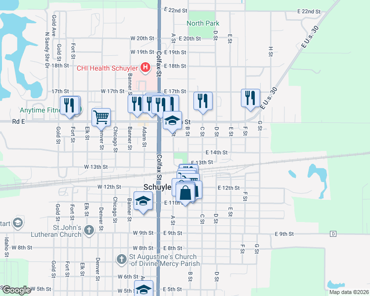 map of restaurants, bars, coffee shops, grocery stores, and more near 1401-1449 B Street in Schuyler