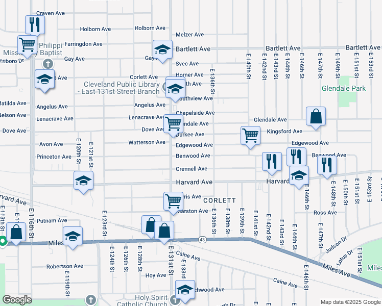 map of restaurants, bars, coffee shops, grocery stores, and more near 13305 Benwood Avenue in Cleveland