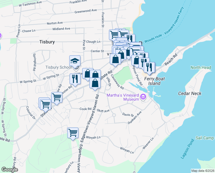 map of restaurants, bars, coffee shops, grocery stores, and more near 40 Delano Road in Tisbury