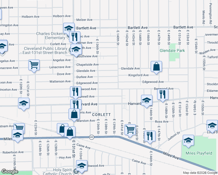 map of restaurants, bars, coffee shops, grocery stores, and more near 13717 Benwood Avenue in Cleveland