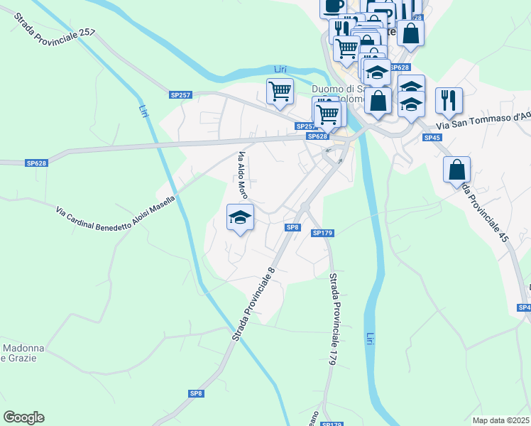 map of restaurants, bars, coffee shops, grocery stores, and more near 172 Via Aldo Moro in Pontecorvo