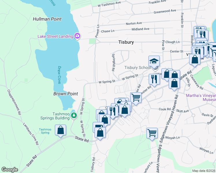 map of restaurants, bars, coffee shops, grocery stores, and more near 18 Goah Way in Tisbury