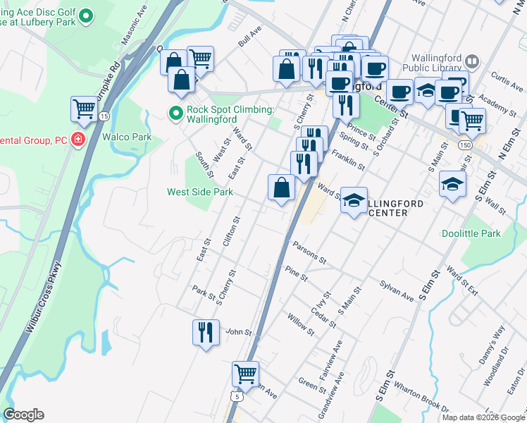 map of restaurants, bars, coffee shops, grocery stores, and more near 178 South Cherry Street in Wallingford