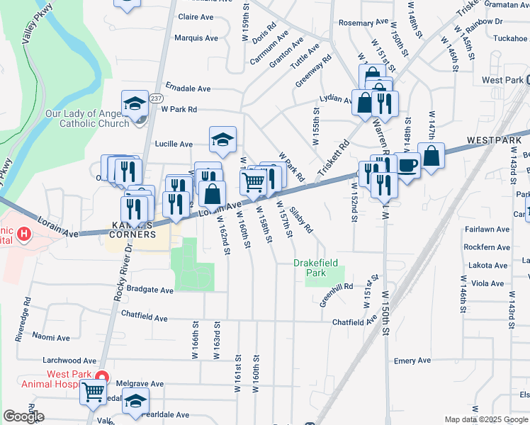 map of restaurants, bars, coffee shops, grocery stores, and more near 3823 West 158th Street in Cleveland