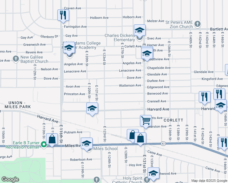 map of restaurants, bars, coffee shops, grocery stores, and more near 12417 Benwood Ave in Cleveland
