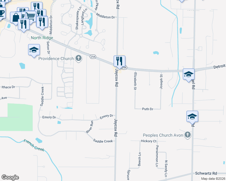 map of restaurants, bars, coffee shops, grocery stores, and more near 2600 Jaycox Road in Avon