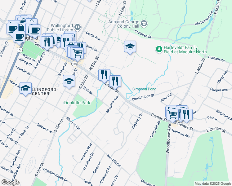 map of restaurants, bars, coffee shops, grocery stores, and more near 623 Center Street in Wallingford