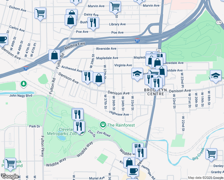map of restaurants, bars, coffee shops, grocery stores, and more near 3824 West 36th Street in Cleveland