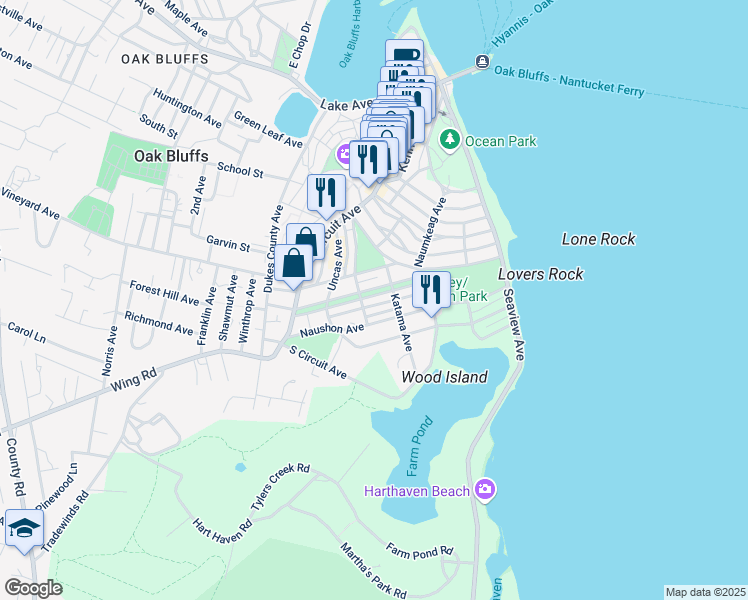 map of restaurants, bars, coffee shops, grocery stores, and more near 26 Nashawena Avenue in Oak Bluffs