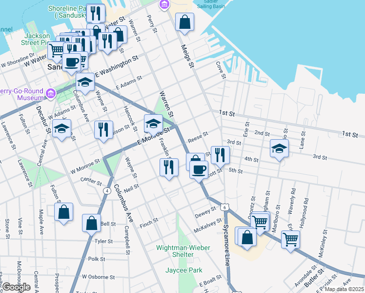 map of restaurants, bars, coffee shops, grocery stores, and more near 801 Warren Street in Sandusky