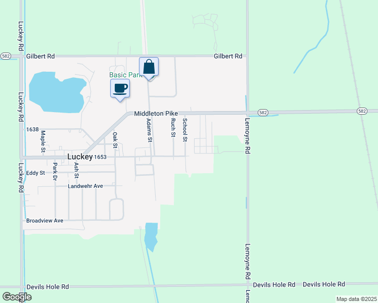 map of restaurants, bars, coffee shops, grocery stores, and more near 232 School Street in Luckey