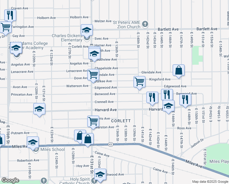 map of restaurants, bars, coffee shops, grocery stores, and more near 13507 Benwood Ave in Cleveland