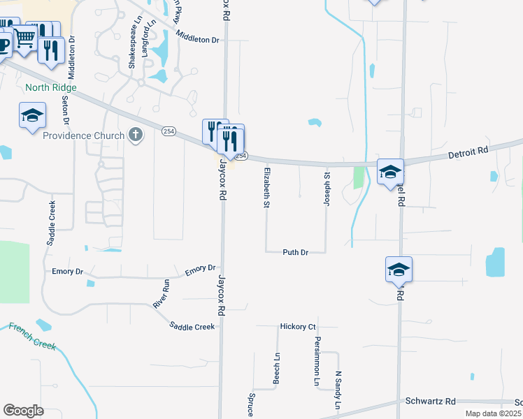 map of restaurants, bars, coffee shops, grocery stores, and more near 2650 Elizabeth Street in Avon