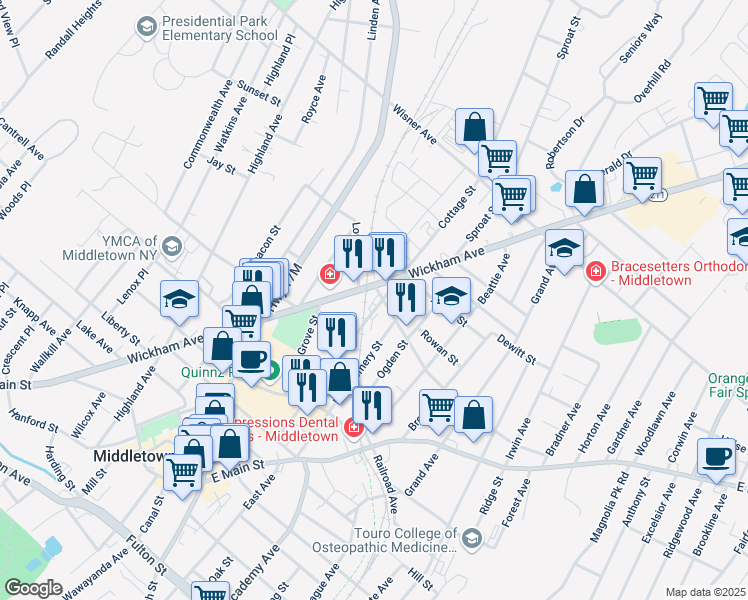 map of restaurants, bars, coffee shops, grocery stores, and more near 5 Prince Street in Middletown