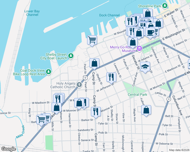 map of restaurants, bars, coffee shops, grocery stores, and more near 318 Camp Street in Sandusky