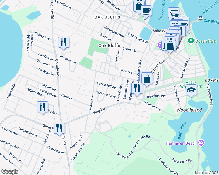 map of restaurants, bars, coffee shops, grocery stores, and more near 16 Forest Hill Avenue in Oak Bluffs