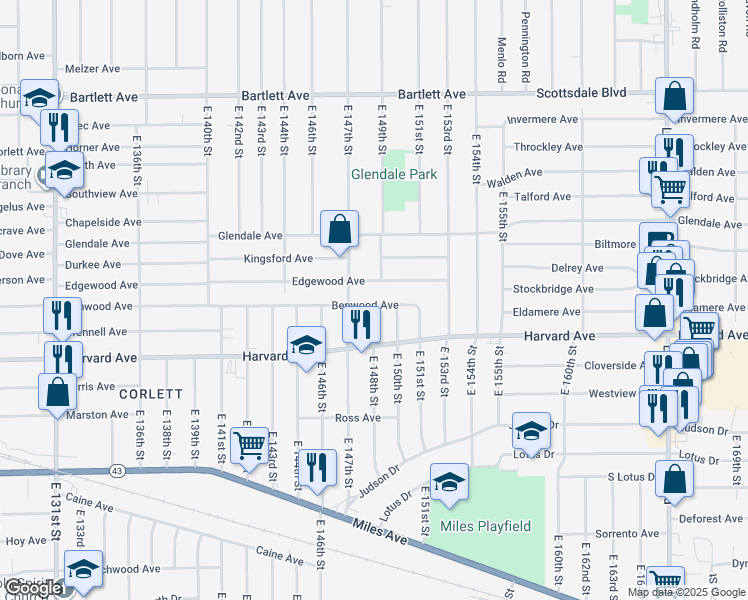 map of restaurants, bars, coffee shops, grocery stores, and more near 14727 Benwood Avenue in Cleveland