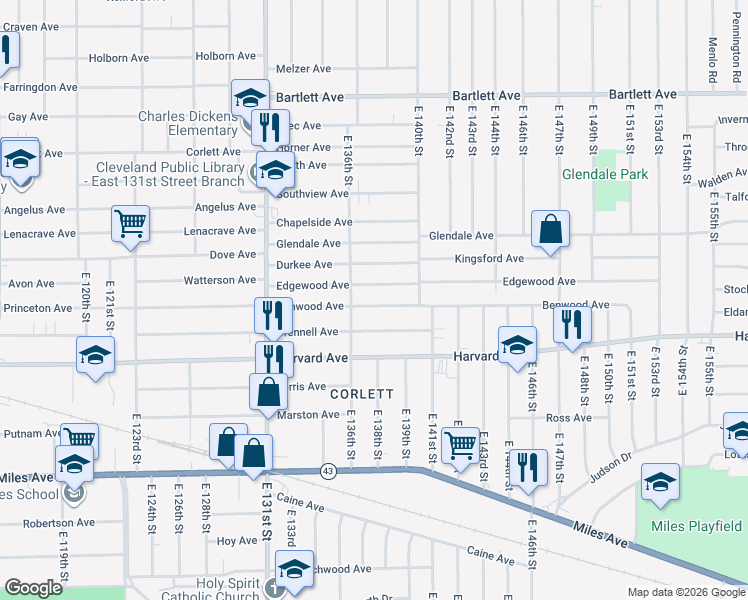 map of restaurants, bars, coffee shops, grocery stores, and more near 13701 Benwood Avenue in Cleveland