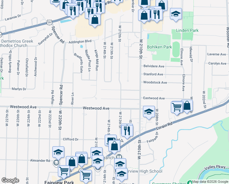 map of restaurants, bars, coffee shops, grocery stores, and more near 21365 Northwood Avenue in Fairview Park